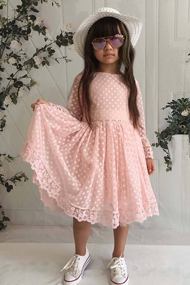 Girl's Salmon Hat Laced Princess Dress