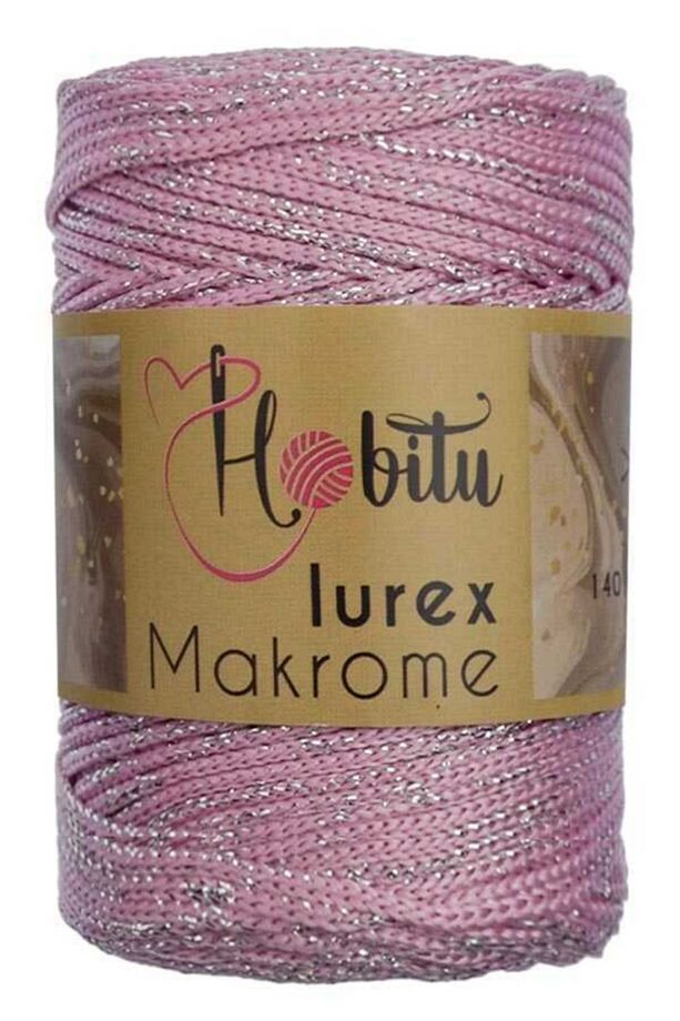 Hobitu Polyester Makrome Ipi 2mm - 100gr/140metre Simli Lurex 074 Pembe-gümüş - 1