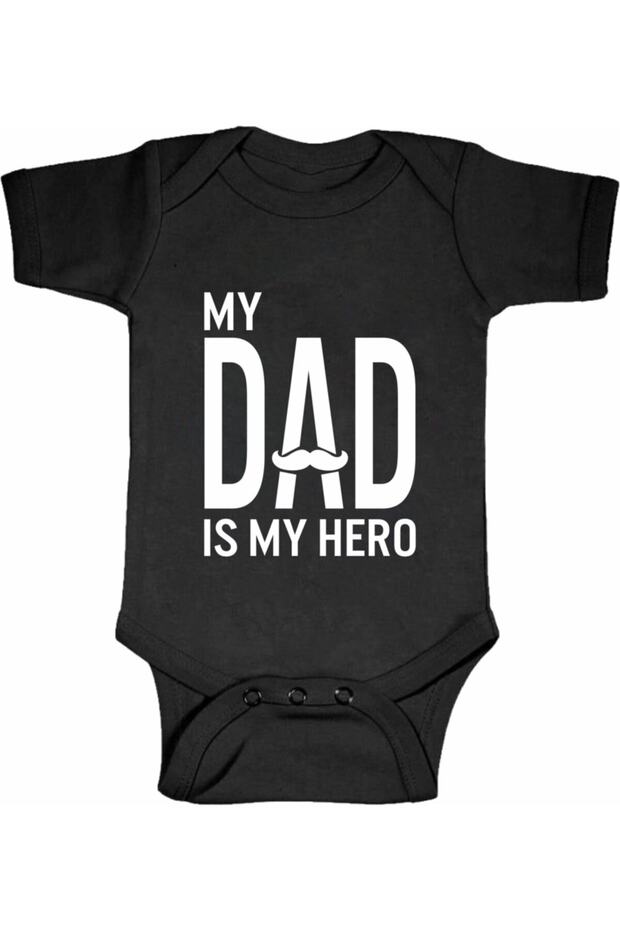 Father's Day Gift My Dad Is My Hero Mustache Design Printed Black Bodysuit