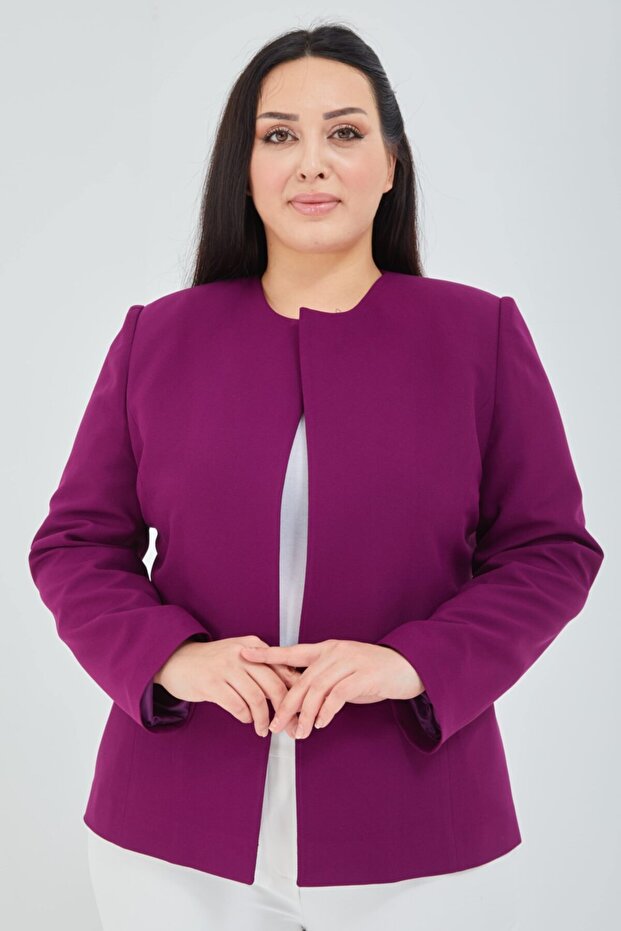 سترة نسائية فوشيا مقاس كبير بدون ياقة