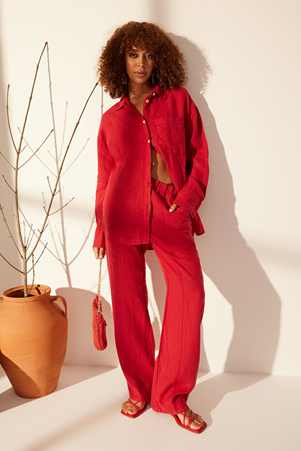 Kırmızı %100 Keten Oversize Gömlek TWOSS23GO00443 - 2