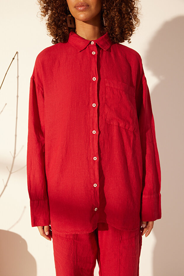 Kırmızı %100 Keten Oversize Gömlek TWOSS23GO00443 - 4