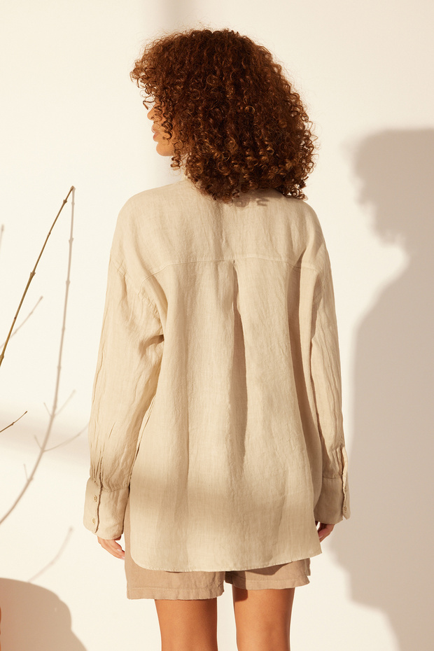 Bej %100 Keten Oversize Gömlek TWOSS23GO00443 - 6