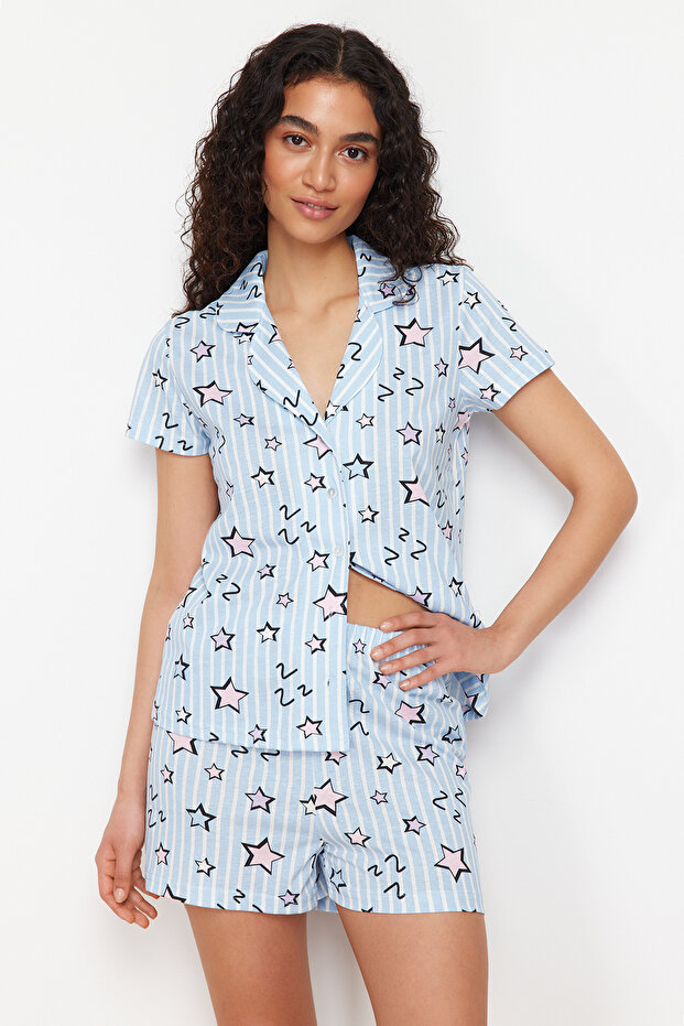 Blue-Star Patterned Cotton Pajamas Set Thmss24Pt00200