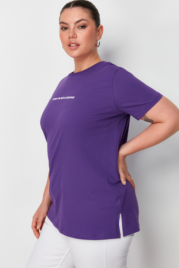 Mor Relaxed Fit Slogan Baskılı Bisiklet Yaka %100 Pamuk Örme Büyük Beden T-Shirt TBBSS23BF00022 - 2