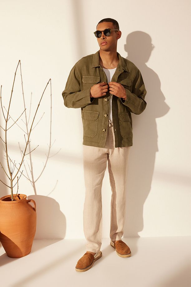 Premium Haki %100 Keten Regular Fit Çok Cepli Ceket TMNSS24CE00006 - 2