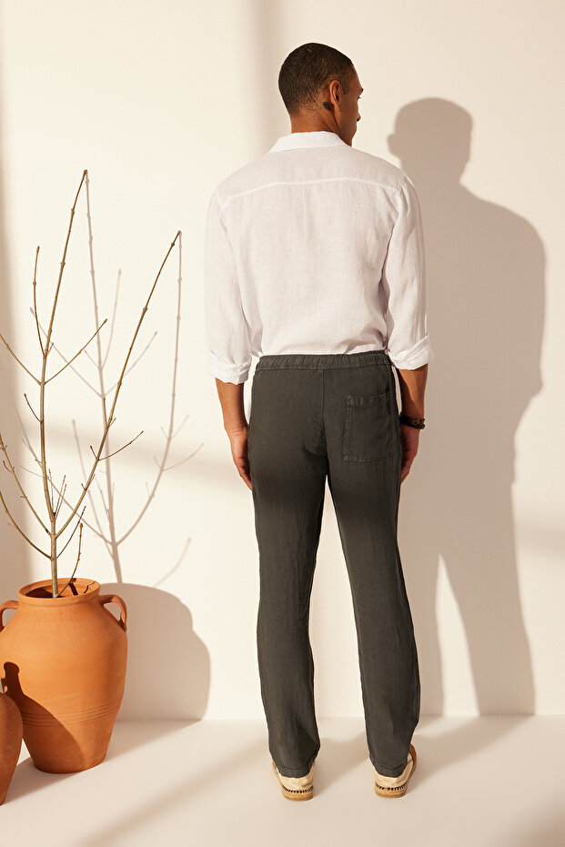 Premium Gri %100 Keten Straight Fit Lastikli Beli Bağlamalı Pantolon TMNSS24PL00018 - 6
