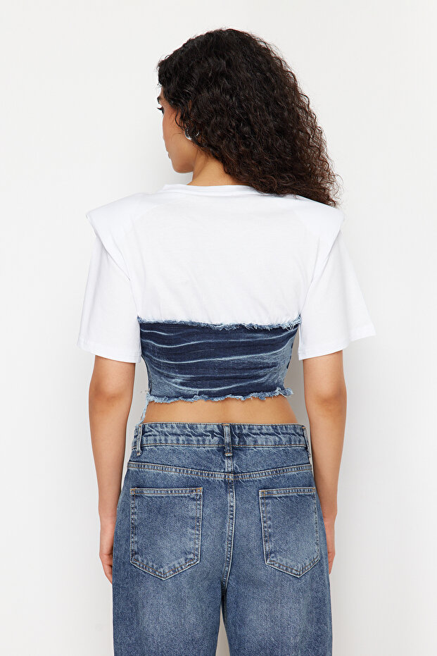 Beyaz Denim Detaylı Crop Vatkalı Örme Bluz TWOSS24BZ00578 - 6