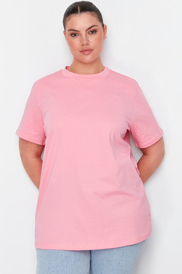 Pembe Yakası Ribanalı Boyfriend %100 Pamuk Örme T-shirt TBBSS23BF00019 - 1