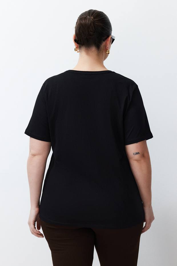 Siyah Oversize Animal Baskılı Cep etaylı %100 Pamuk Örme Büyük Beden T-shirt TBBSS24BF00059 - 6