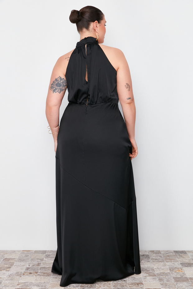 Siyah Halter Yaka Saten Maxi/Uzun Boy Büyük Beden Party/Mezuniyet/Abiye Elbise TBBSS24AH00150 - 6