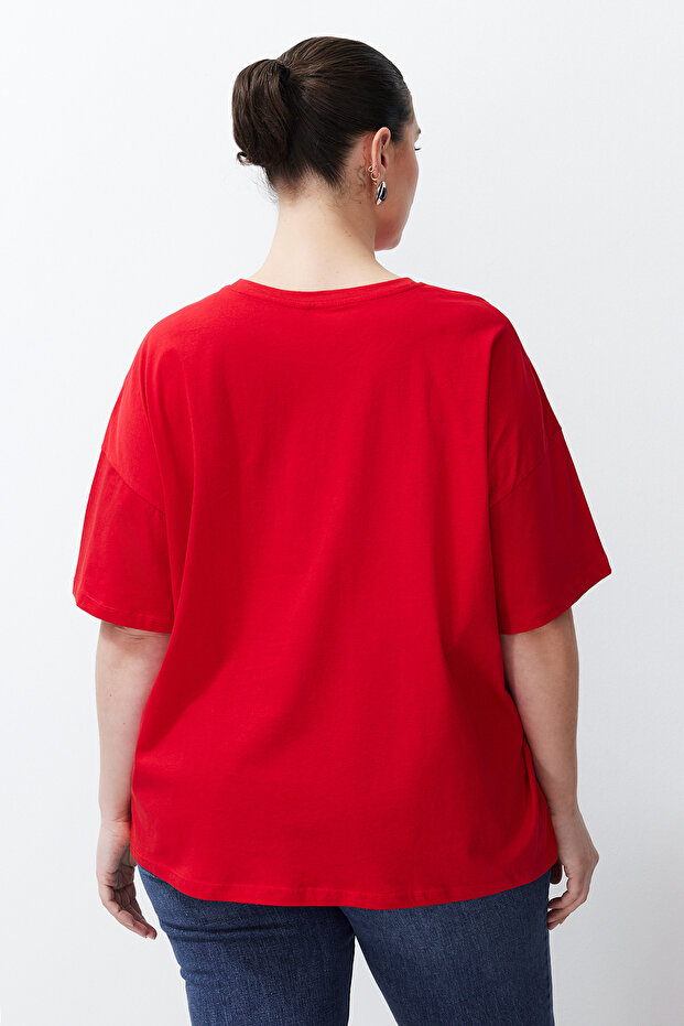 Túlméretes piros szlogen nyomott 100% pamut nagy méretű póló - TBBSS24BF00018 - 6