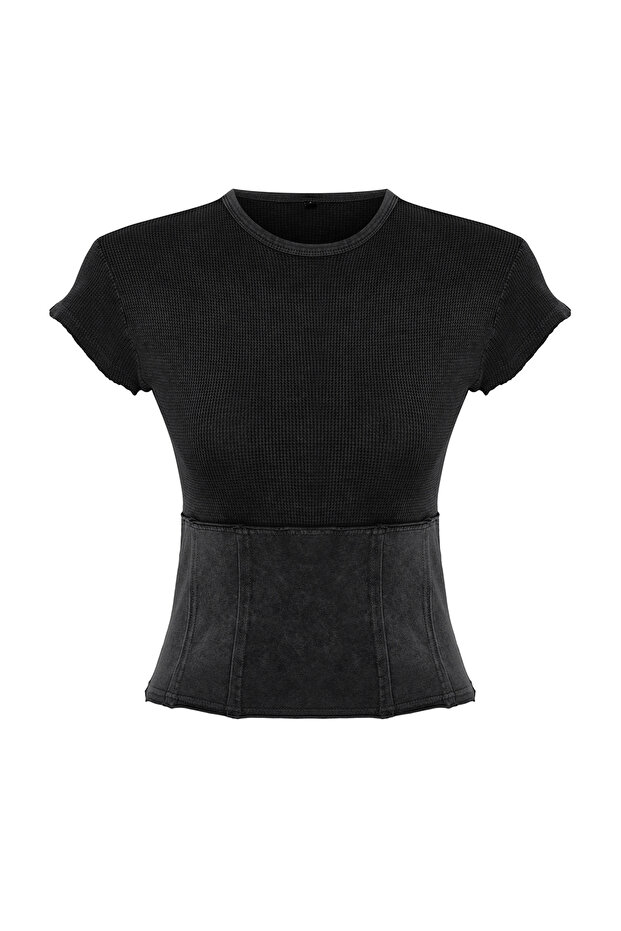 Antrasit Düz Yıkamalı Slim Bisiklet Yaka Crop Örme Bluz TWOSS24BZ00405 - 7