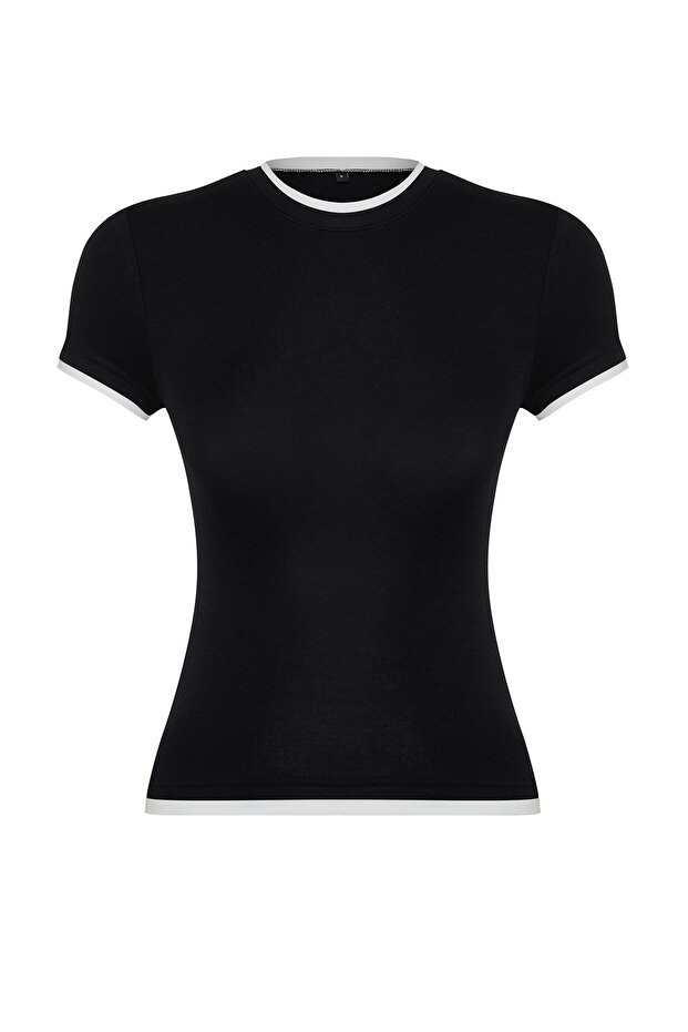 Siyah Viskoz/Yumuşak Kumaşlı Renk Bloklu Vücuda Oturan Esnek Örme T-Shirt TWOSS24TS00063 - 7