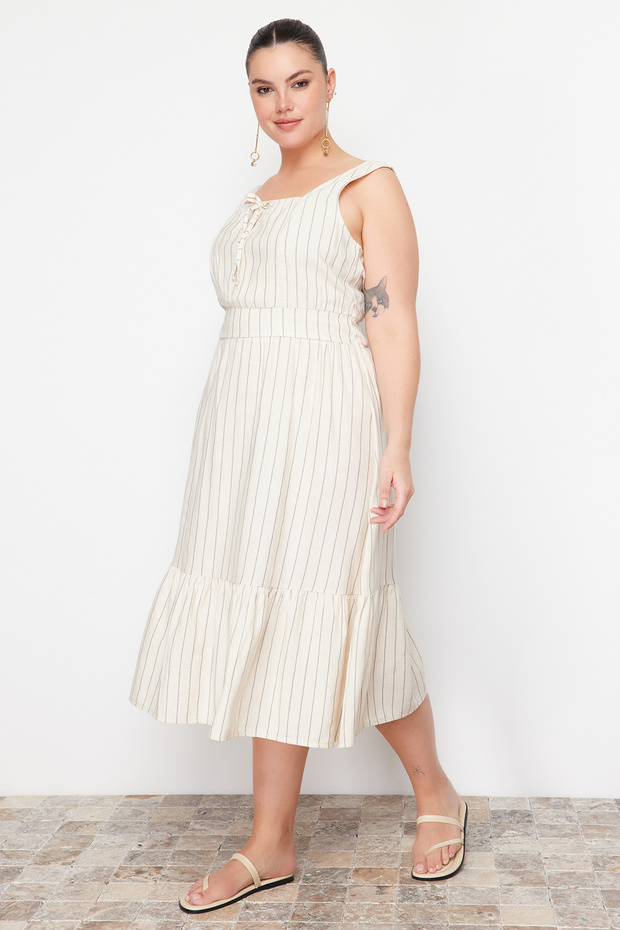 Béžové tkané šaty s čtvercovým límcem A-Line TBBSS24AH00075 - 3