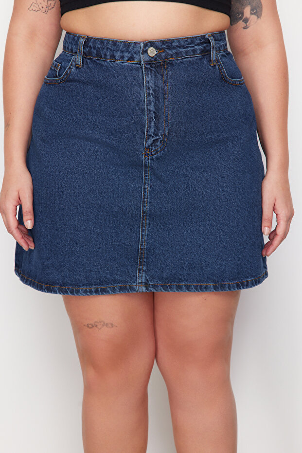 Mavi Yüksek Bel %100 Non-Stretch Pamuk A Shape Denim Etek TBBAW23AZ00042 - 4