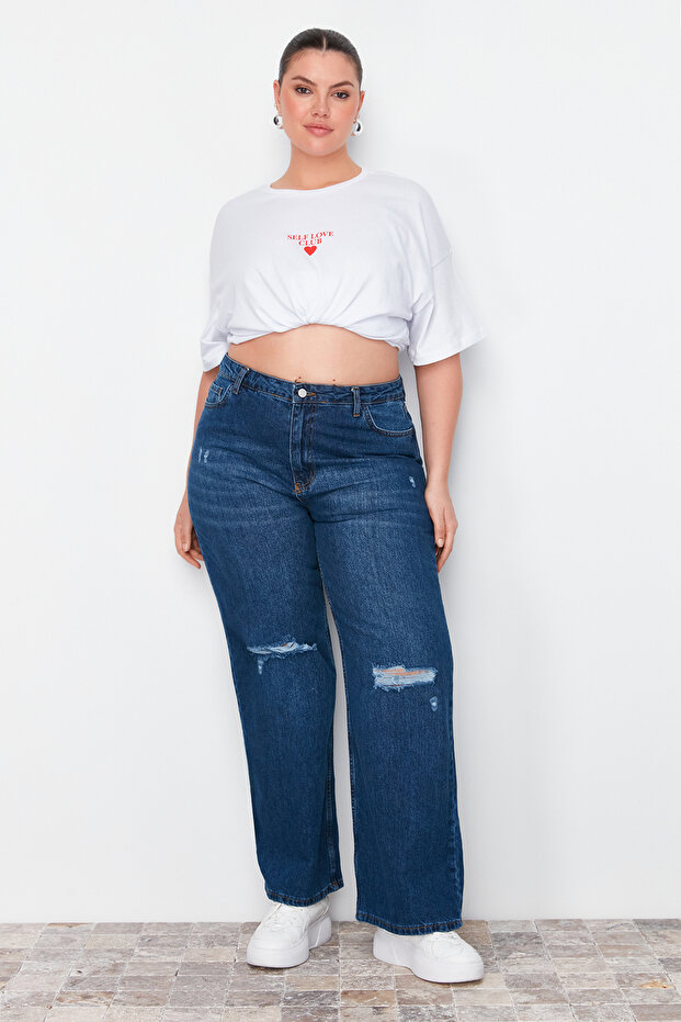 Koyu Mavi Yüksek Bel Destroylu Geniş Paça/Wide Leg %100 Pamuk Büyük Beden Jeans TBBSS22JE00006 - 3