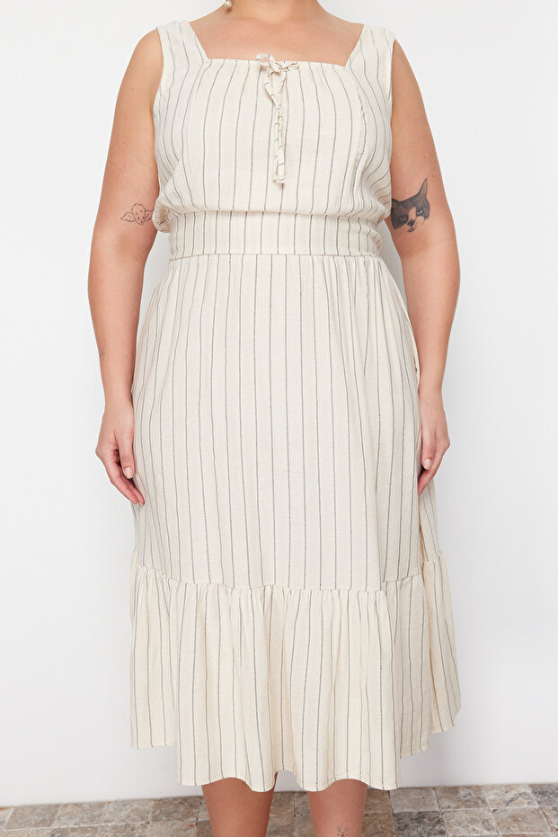 Béžové tkané šaty s čtvercovým límcem A-Line TBBSS24AH00075 - 4