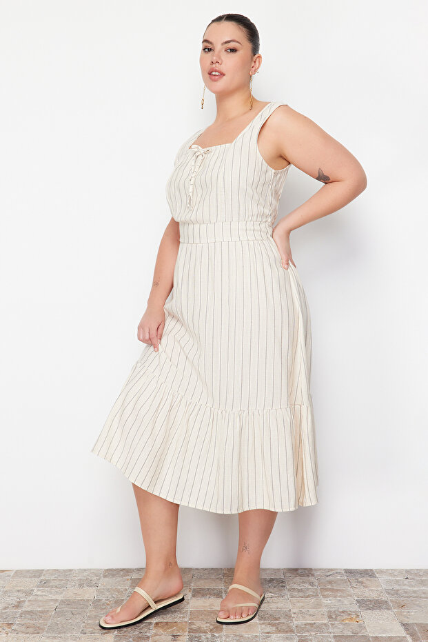 Béžové tkané šaty s čtvercovým límcem A-Line TBBSS24AH00075 - 2