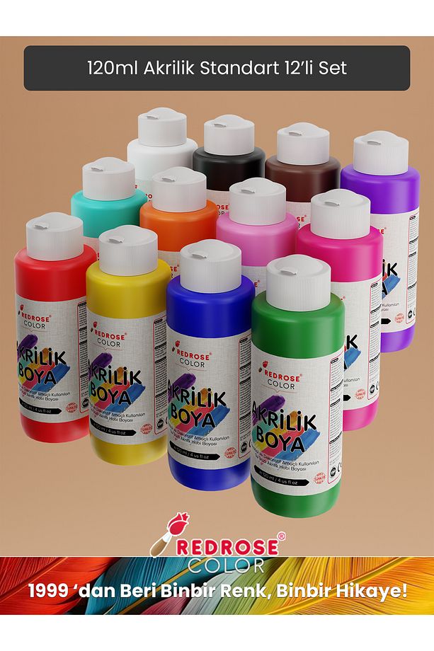 Tüm Renkler Akrilik Boya Seti, 12'lı Set 12x120ml Dekoratif Hobi Amaçlı Sanatsal Canlı Renkler - 6