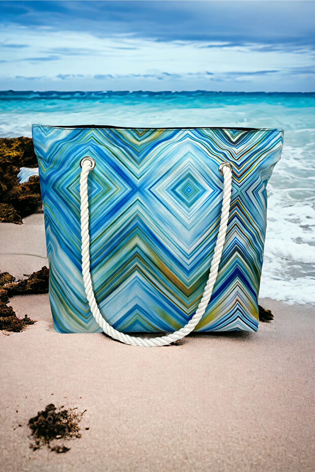 حقيبة شاطئ منقوشة باللون الأخضر - 3