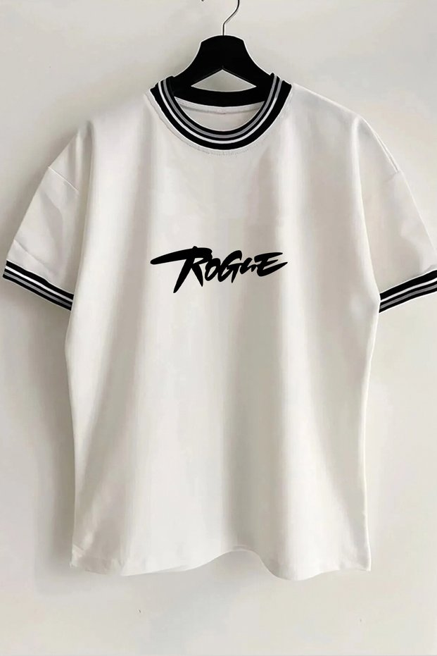 Rogue Text Printed Unisex New Season Oversize Fit Collar Detailed Summer White T-shirt
