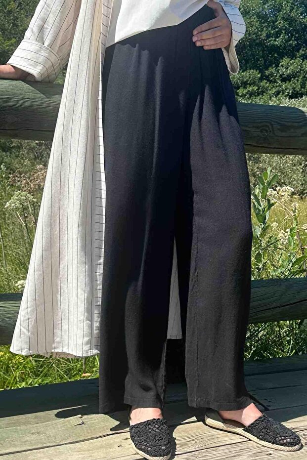 Siyah Keten Pantolon - 2
