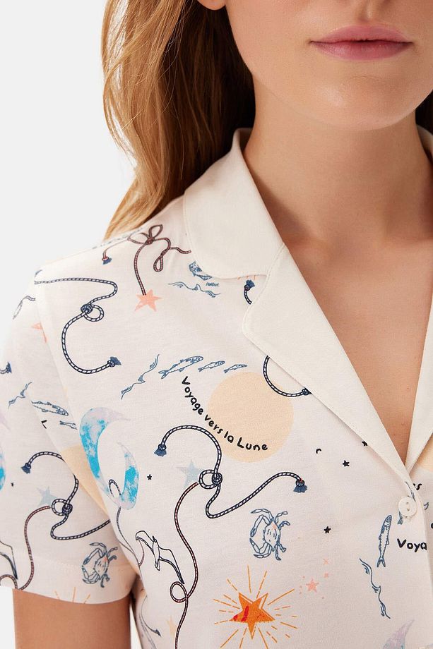 Ekru Gömlek Yaka Baskılı Şort Pijama Takımı - 6