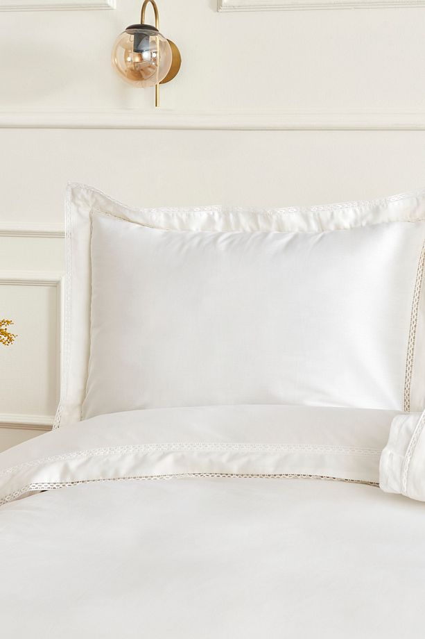 White Cool Begonia Çift Kişilik Dantelli Percale Nevresim Takımı Beyaz - 4