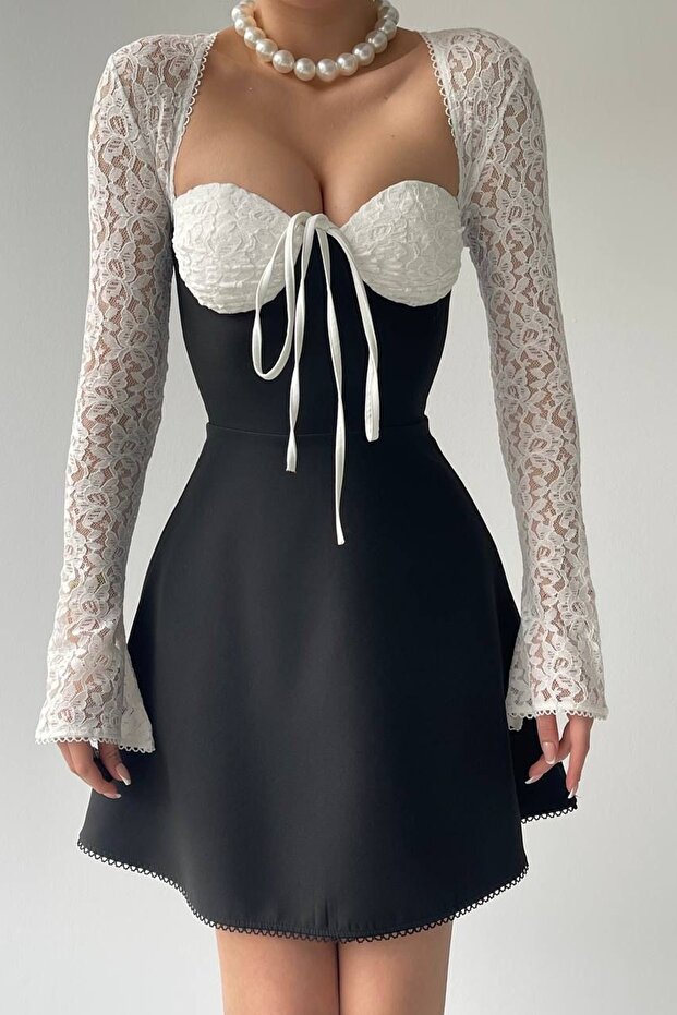Black Atlas Fabric Tie-Up Degaje Collar Back Low-Cut Sleeves Lace Design Mini Dress 238