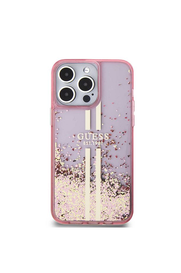 iPhone 15 Pro Max Uyumlu Kılıf Guess Lisanslı Transparan Sıvılı Simli Altın Çizgili Kapak Pembe - 3