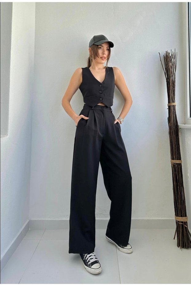 Women's Palazzo Trousers Buttoned Short Crop Vest Double pinterest Set