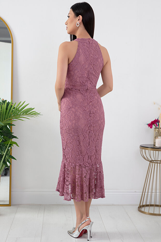 C Yaka Simli Dantel Kısa Abiye Elbise 13299 - 6