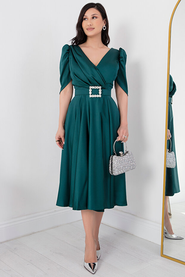 Kruvaze Yaka Kemerli Saten Elbise DNS1520 - 1