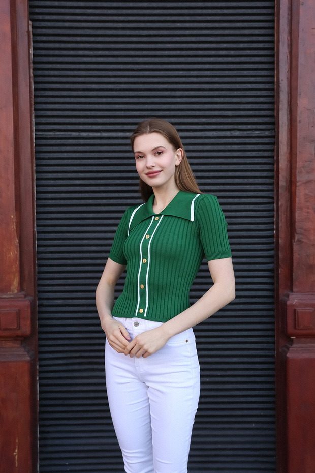 Polo Collar Half Short Sleeve Ribbed Buttoned Striped Casual Summer Knitwear Blouse