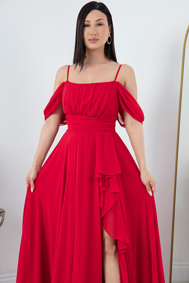 Eteği Feırfırlı Askılı Şifon Elbise 1380 - 3