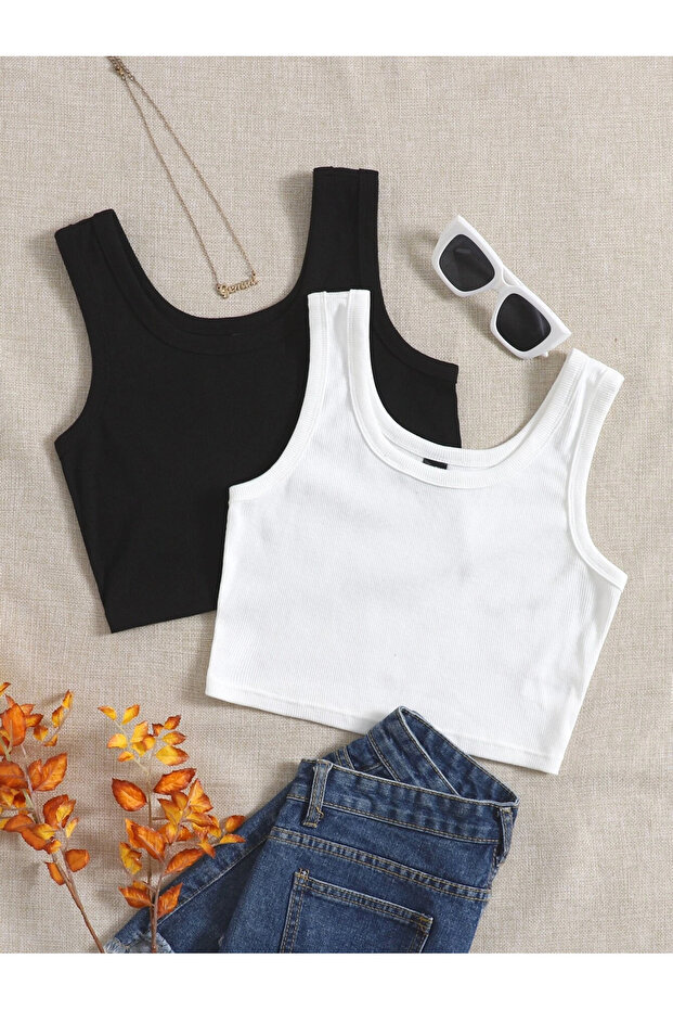Women's Black and White 2-Pack Corded Strap Crop Top Blouse