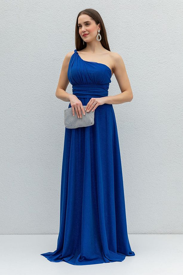 Astarlı Simli Kumaş Tek Omuz Asimetrik Yaka Maxi Boy Saks Mezuniyet Elbisesi Nişan Elbisesi 38995 - 1