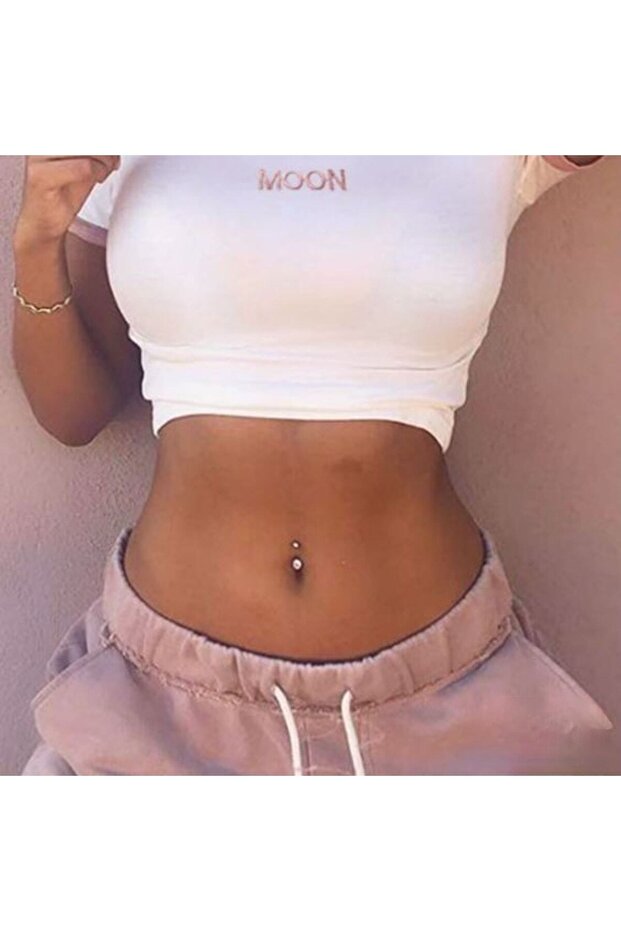 %100 G23 Titanyum Çift Taşlı Göbek Piercing - Bar Uzunluğu 8mm - 1 Adet - 5