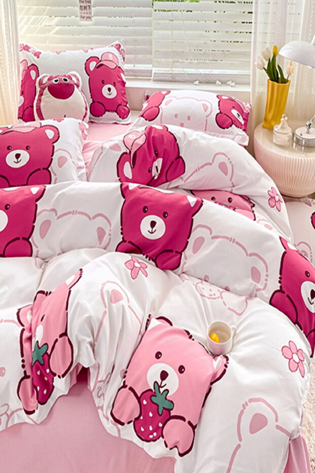 Children's Duvet Cover Set with Single Elastic Sheet, Natural Healthy Cotton, Ranforce Bear Panda Patterned