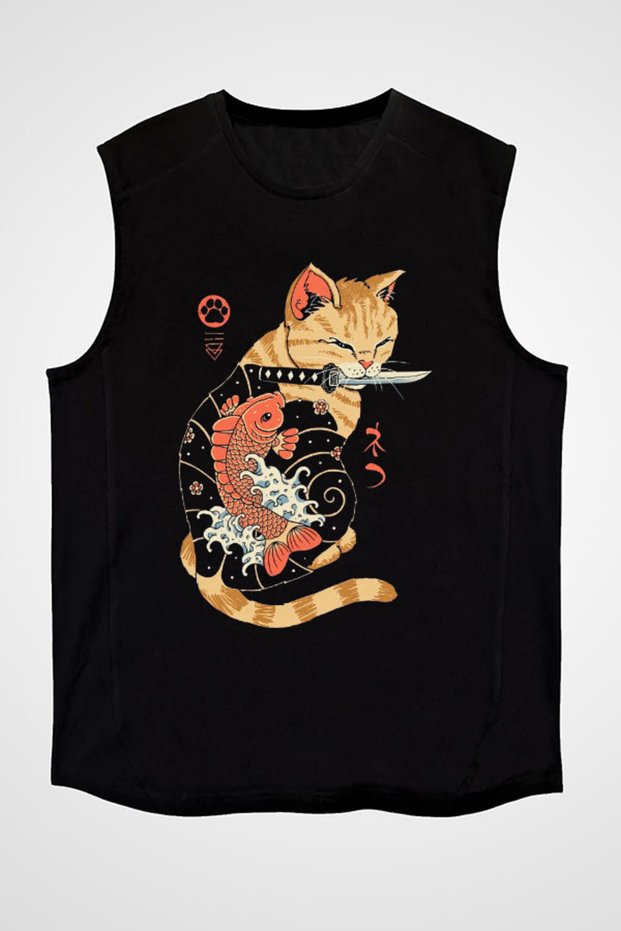 Geisha Cat Black Unisex Sleeveless T-Shirt Cut Sleeve T-Shirt