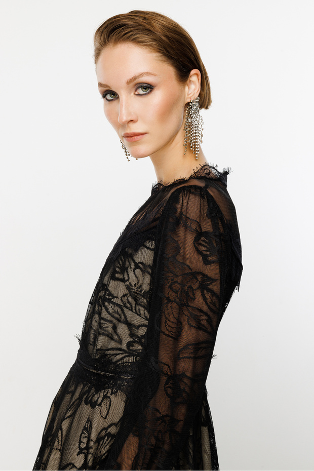 Siyah Dantelli Maxi Boy Elbise - 6