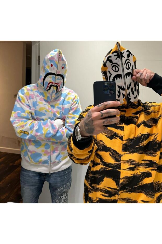 Yellow Bape Tiger Bape Hooded Cardigan 3 Yarn Raster Oversize Fit