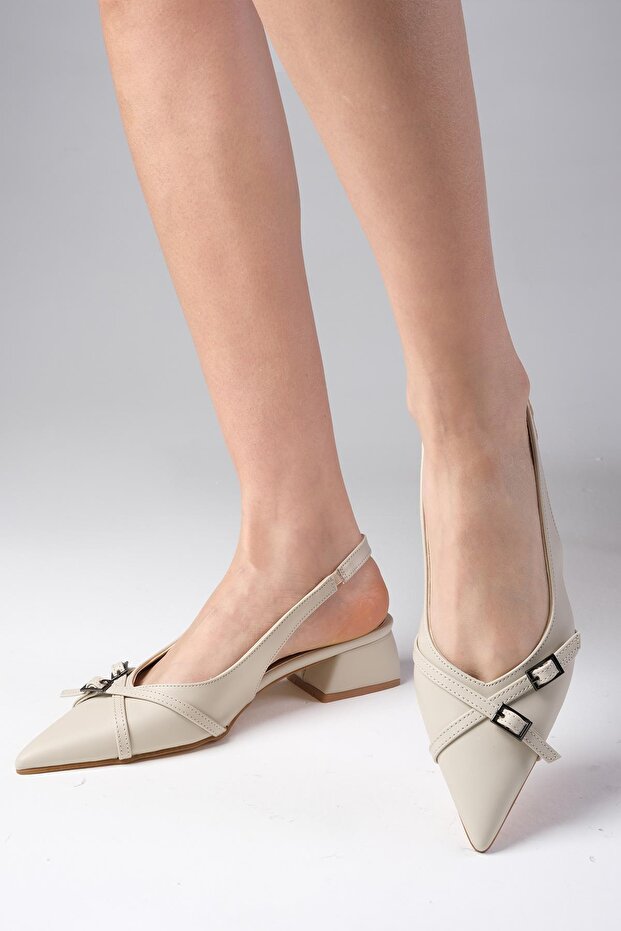Leia Beige Color Open Back Pointed Toe Short Heeled Women's Shoes