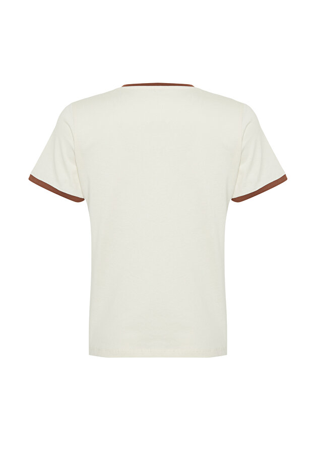 Taş %100 Pamuk Slogan Baskılı Kontrast Biye Detaylı Örme T-Shirt TWOSS24TS00105 - 9