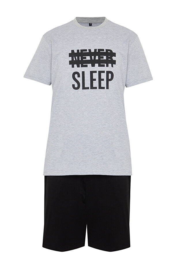 Gri Regular Fit Yazlık Baskılı Şortlu Pijama Takımı THMSS21PT0216 - 7