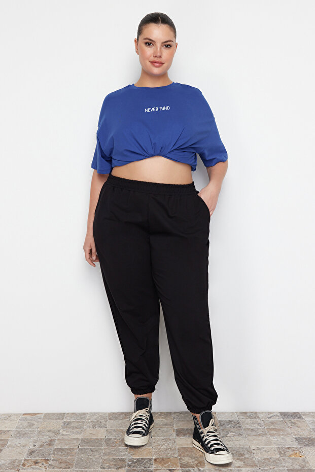 Siyah Loose Jogger İnce Paçası Lastikli Esnek Bel Örme Büyük Beden Eşofman Altı TBBAW23AJ00002 - 2
