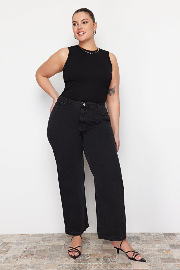 Antracytowa szeroka sukienka przeciwdeszczowa Plus Size szerokie nogawki jeansy TBBSS22JE0211 - 6