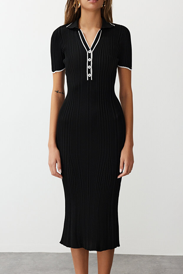 Siyah Midi Polo Yaka Elbise TWOSS24EL00831 - 6