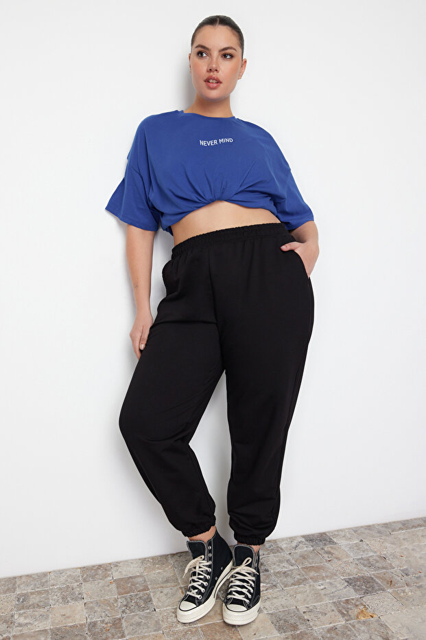 Siyah Loose Jogger İnce Paçası Lastikli Esnek Bel Örme Büyük Beden Eşofman Altı TBBAW23AJ00002 - 3